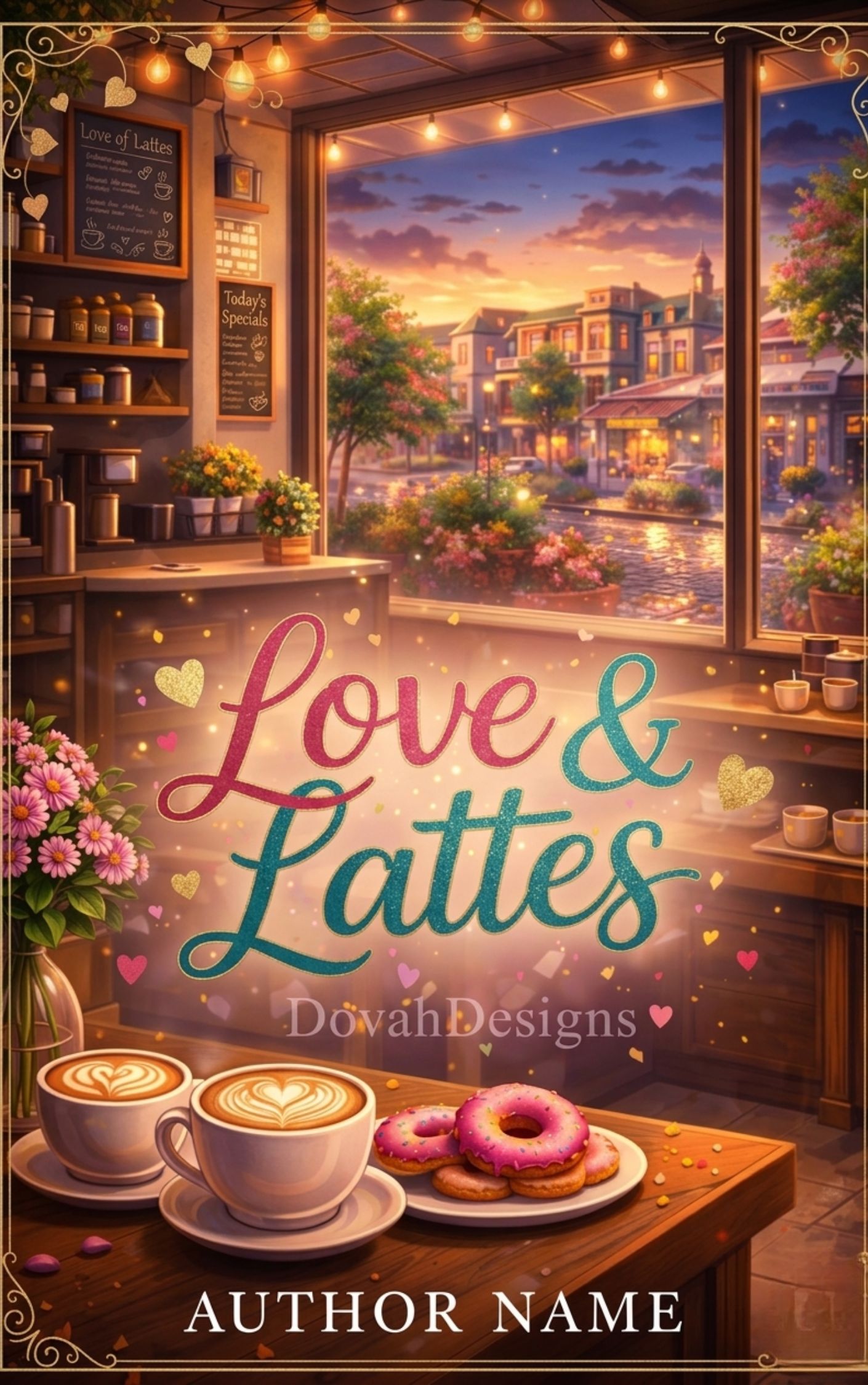 Romantic Comedy Book Cover – Love & Lattes Café Scene