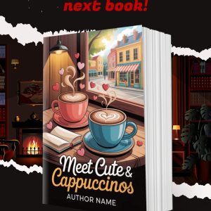 Romantic Comedy Book Cover Design – Meet Cute & Cappuccinos – Cute Coffee Shop Romcom Cover, Pastel Illustrated Romance, KDP Ready